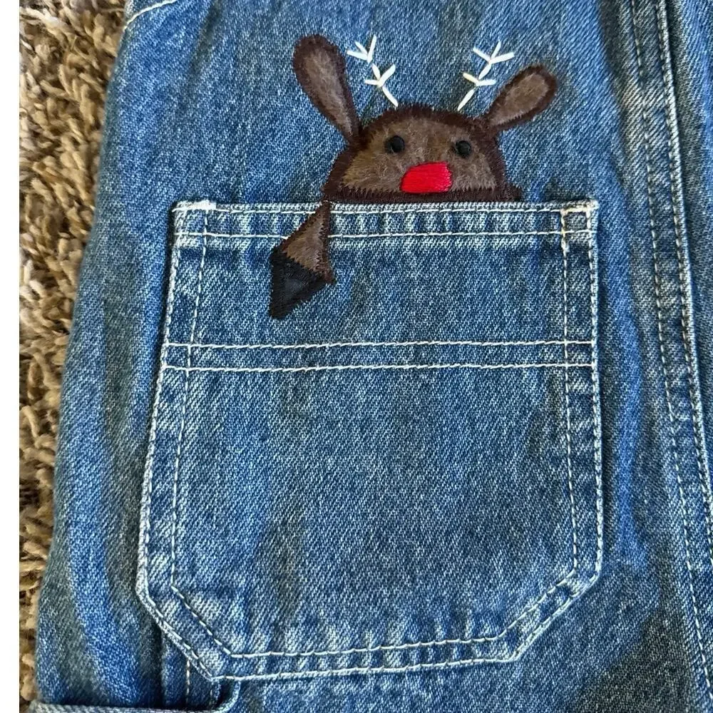 Yummy Kids Upcycled Denim Embroidered Winter Reindeer Snowflake Overalls Size 2T
